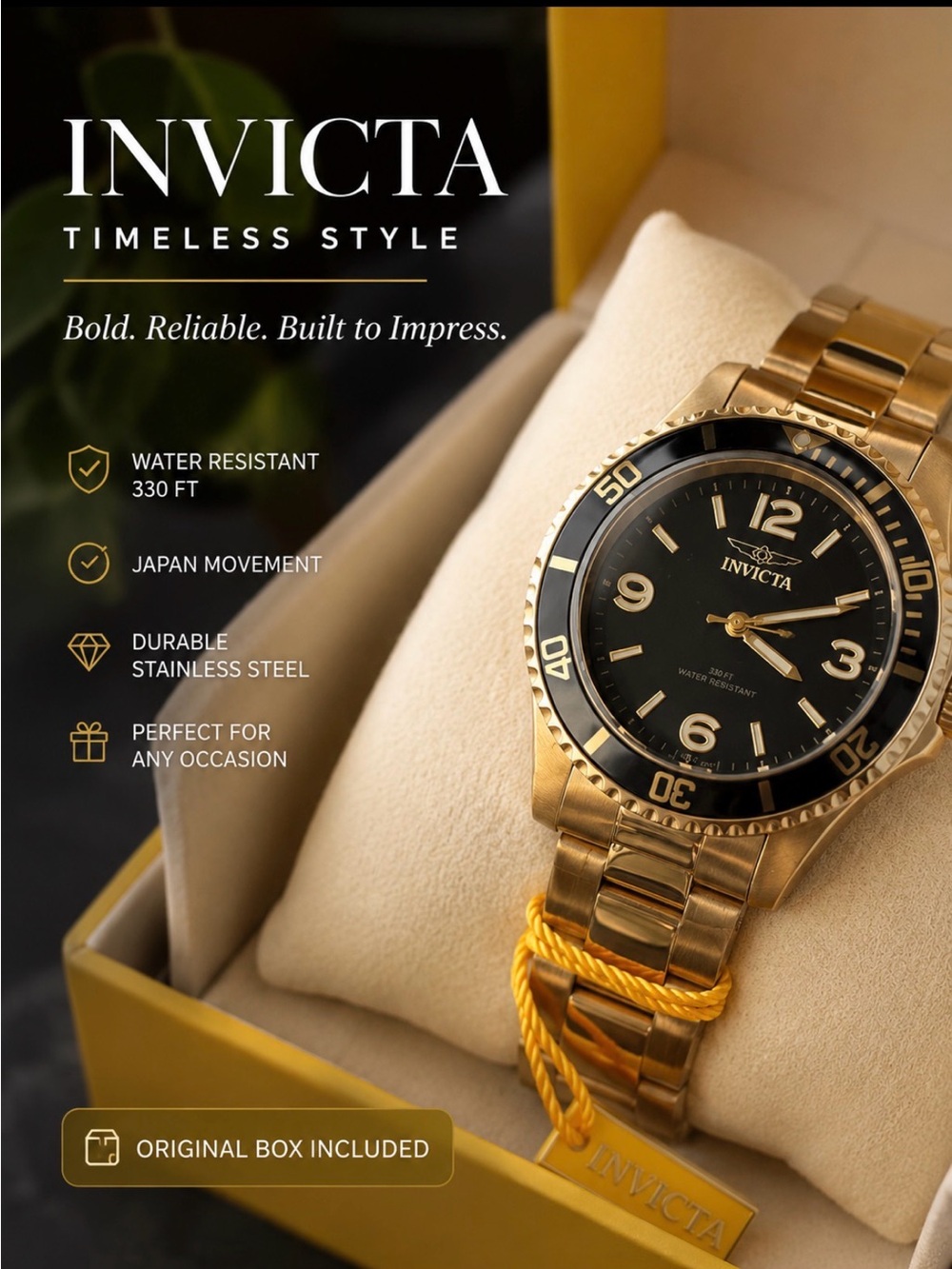 Invicta Gold and Black Men's Stainless Steel Watch